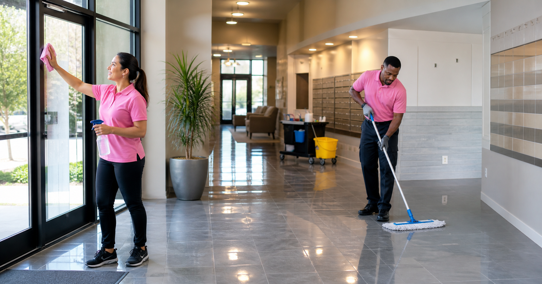 Professional janitors in pink polo tops providing apartment complex cleaning services in a Fredericksburg VA common area