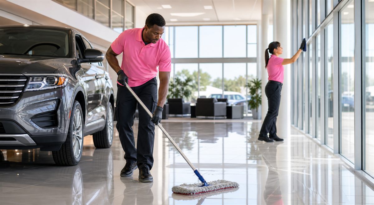 Professional janitors wearing pink polo shirts cleaning a polished car dealership showroom floor in Fredericksburg, VA