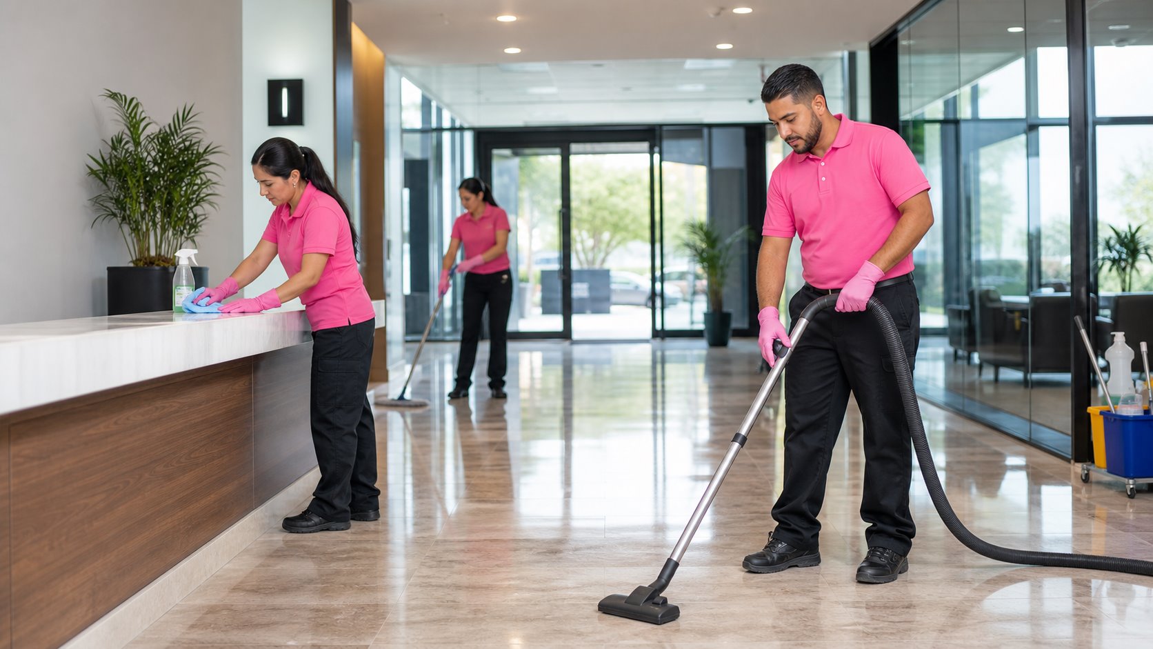 Professional janitors wearing pink polo tops cleaning a modern commercial office