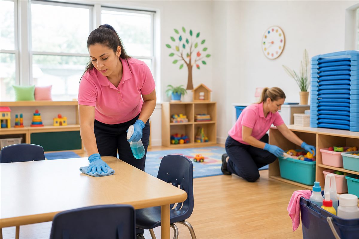 Professional janitors wearing pink polo tops cleaning a bright daycare classroom in Fredericksburg, VA