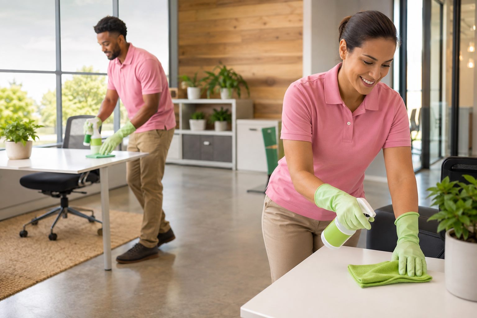 Professional janitors wearing pink polo tops using eco-friendly cleaning supplies in a Fredericksburg office
