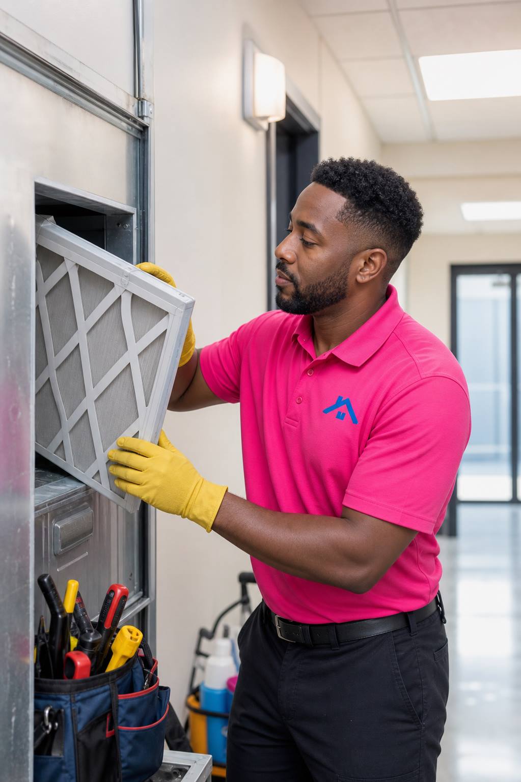 Professional janitor wearing a pink polo top replacing an HVAC filter in a Fredericksburg commercial facility