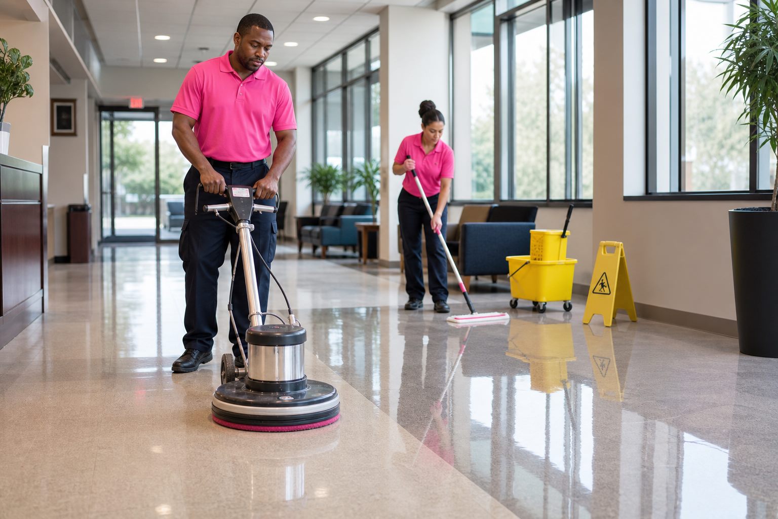 Professional janitors in pink polo shirts stripping and waxing a glossy commercial floor
