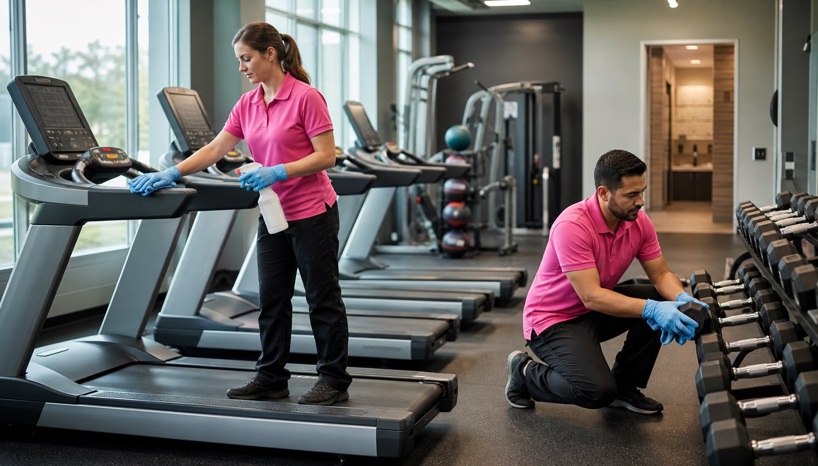 Professional janitors wearing pink polo tops disinfecting gym equipment in a Fredericksburg, VA fitness centre