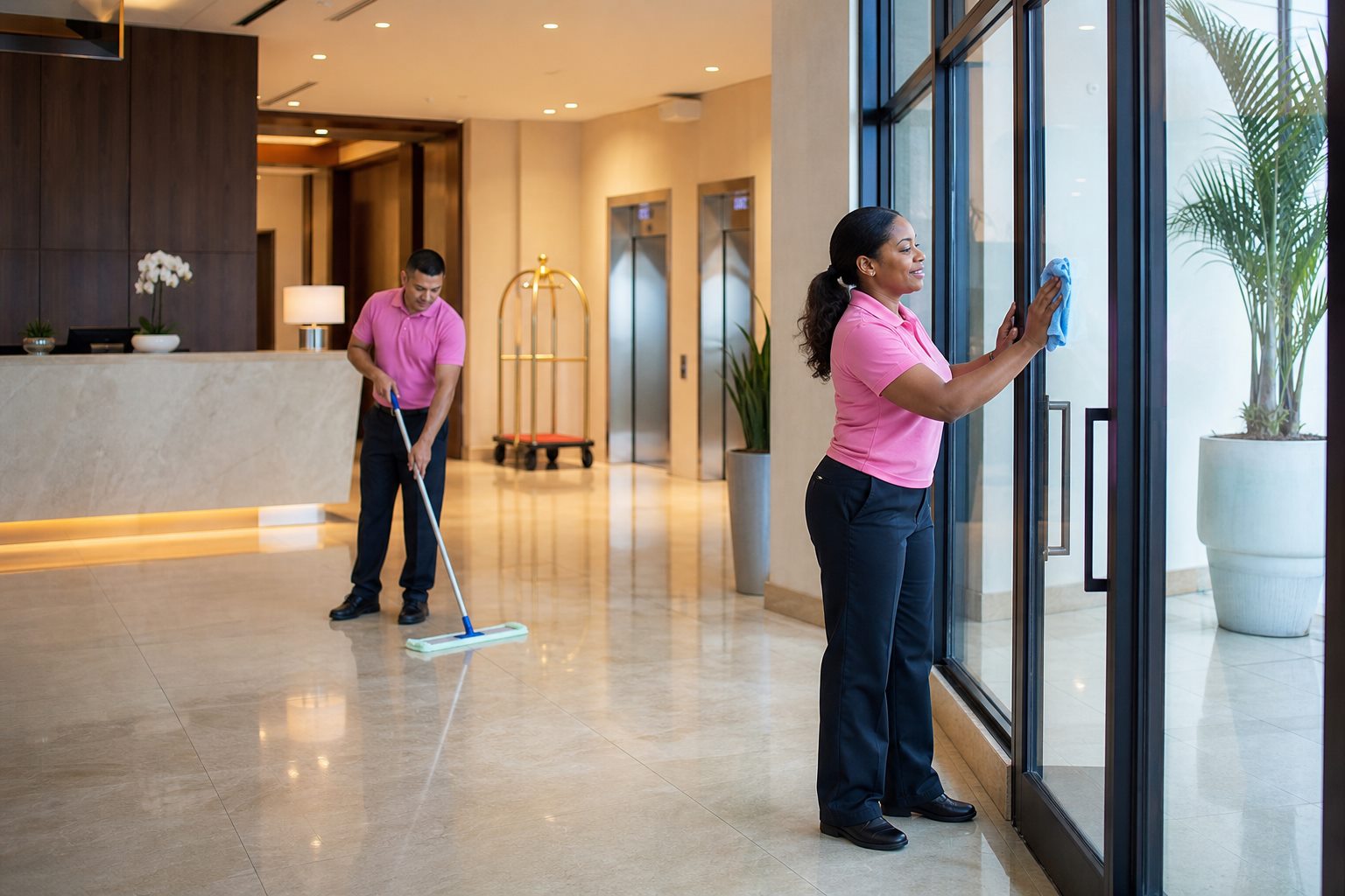 Professional janitors wearing pink polo tops cleaning a bright hotel lobby in Fredericksburg, VA