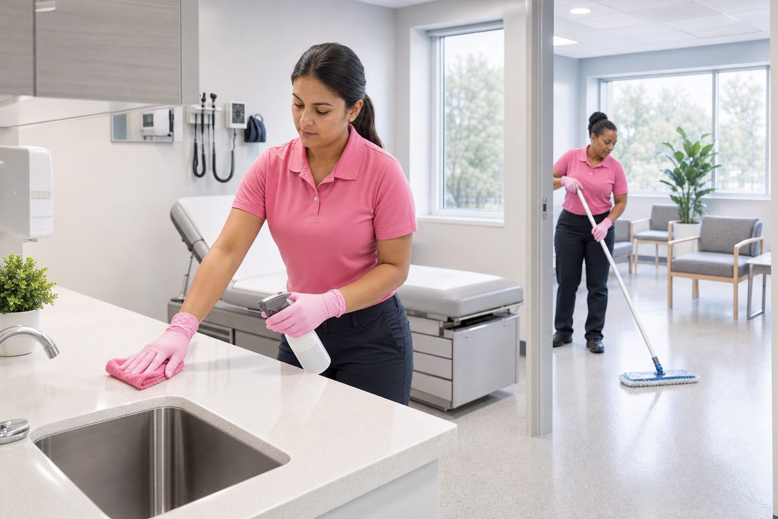 Professional janitors in pink polo shirts cleaning a medical office