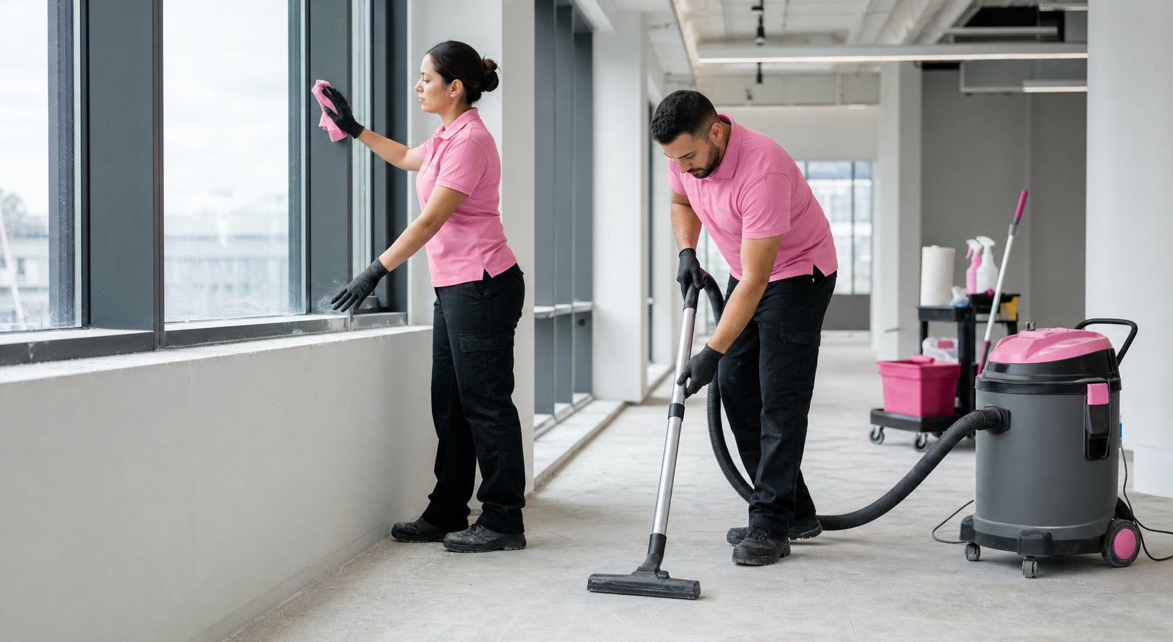 Professional janitors in pink polo tops completing post-construction cleaning in a renovated commercial space