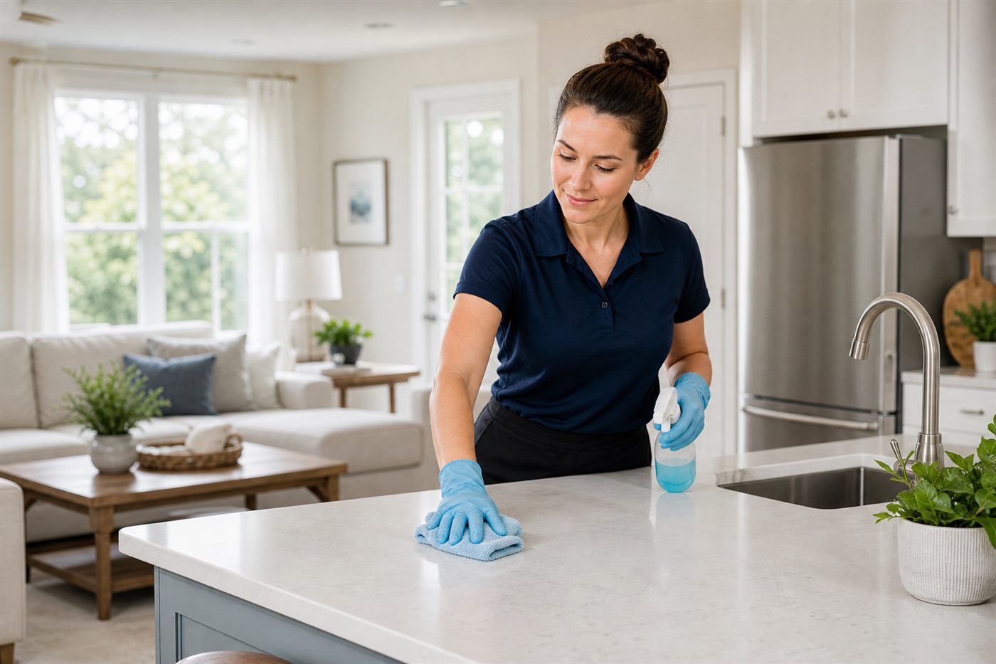 Professional residential cleaner wiping a kitchen counter in a bright Fredericksburg home