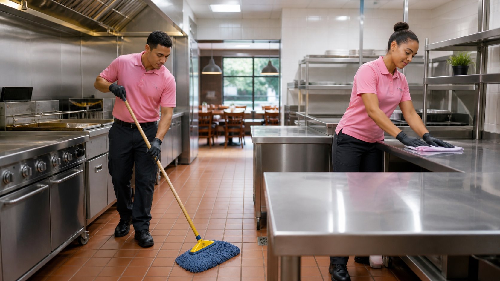 Professional janitors wearing pink polo tops cleaning a commercial restaurant kitchen