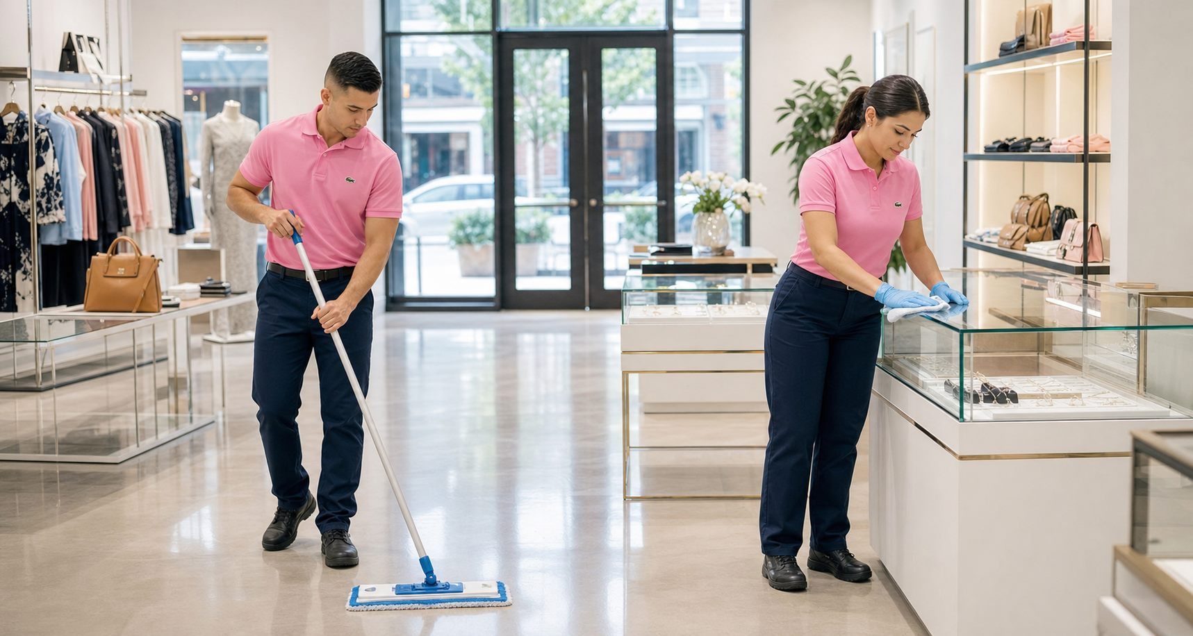 Professional janitors in pink polo shirts cleaning a bright retail store