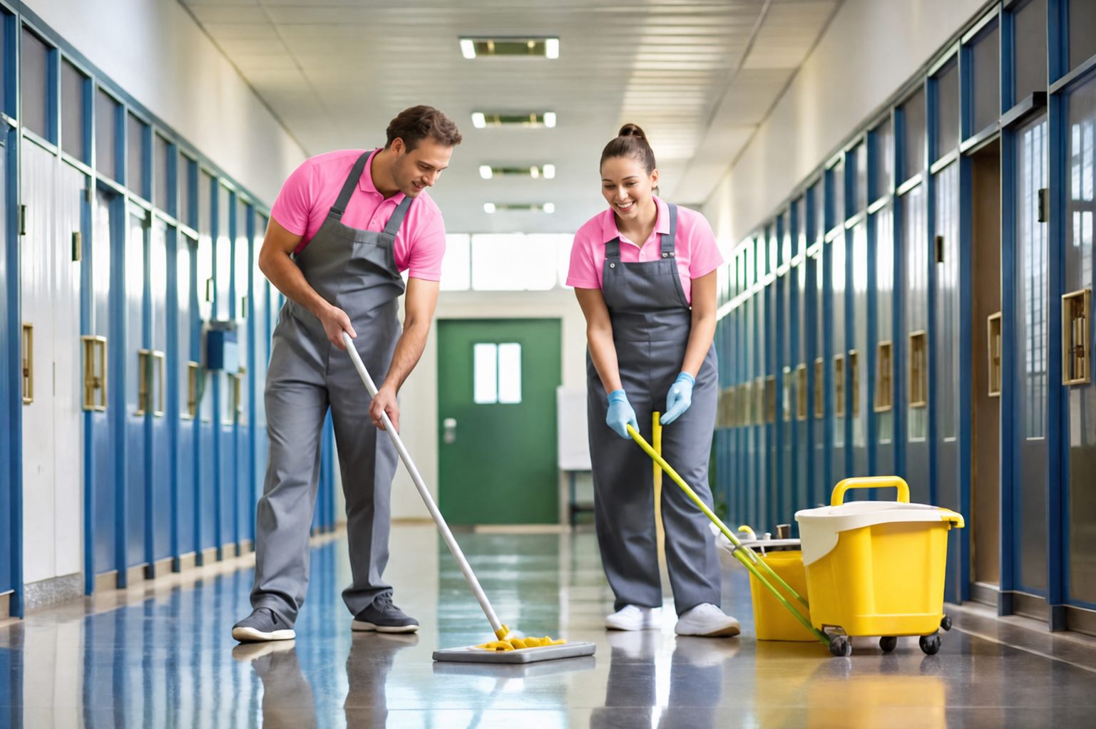 Professional janitors wearing pink polo tops cleaning a bright school hallway in Fredericksburg, VA