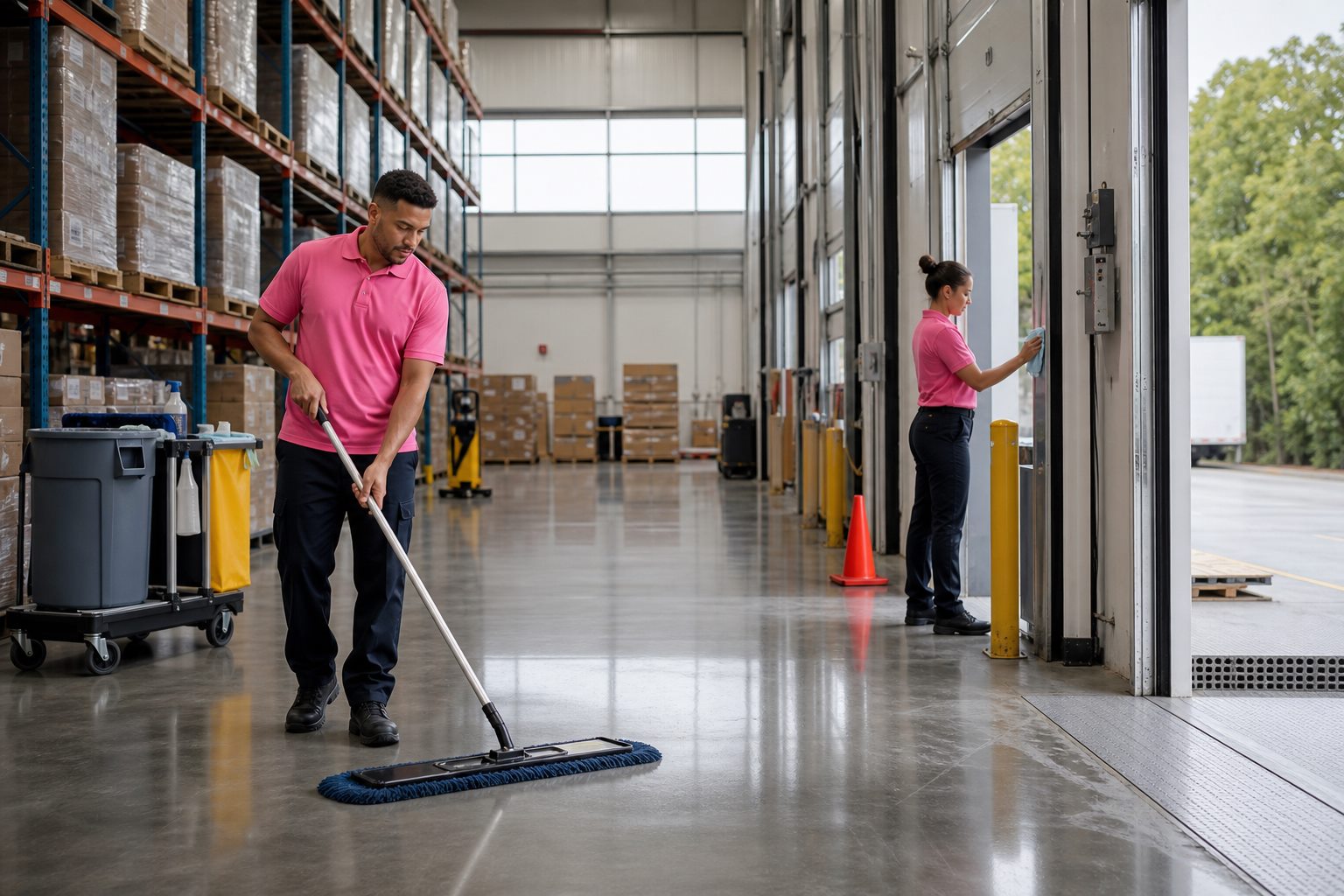 Professional janitors wearing pink polo tops cleaning a warehouse floor and loading dock