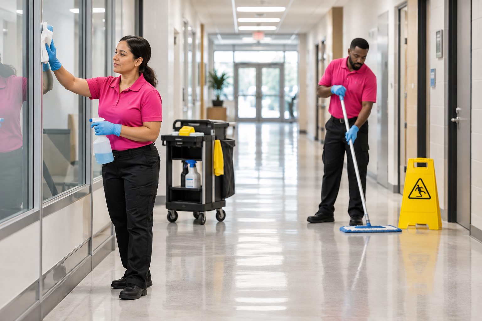 Ville-Ann janitors wearing bright pink polo tops during a commercial cleaning quality check