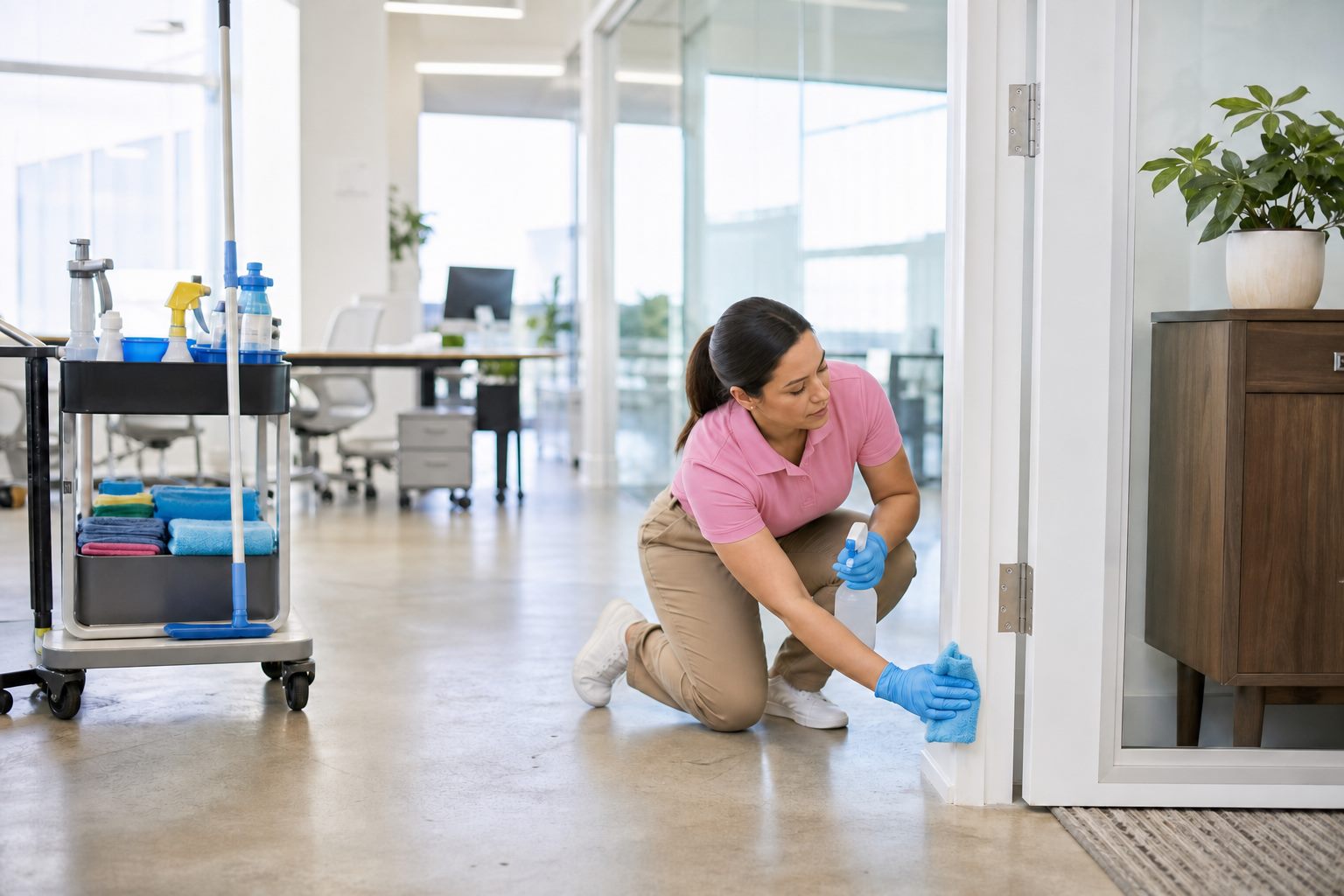Professional cleaner in a pink polo detail cleaning a commercial office doorway